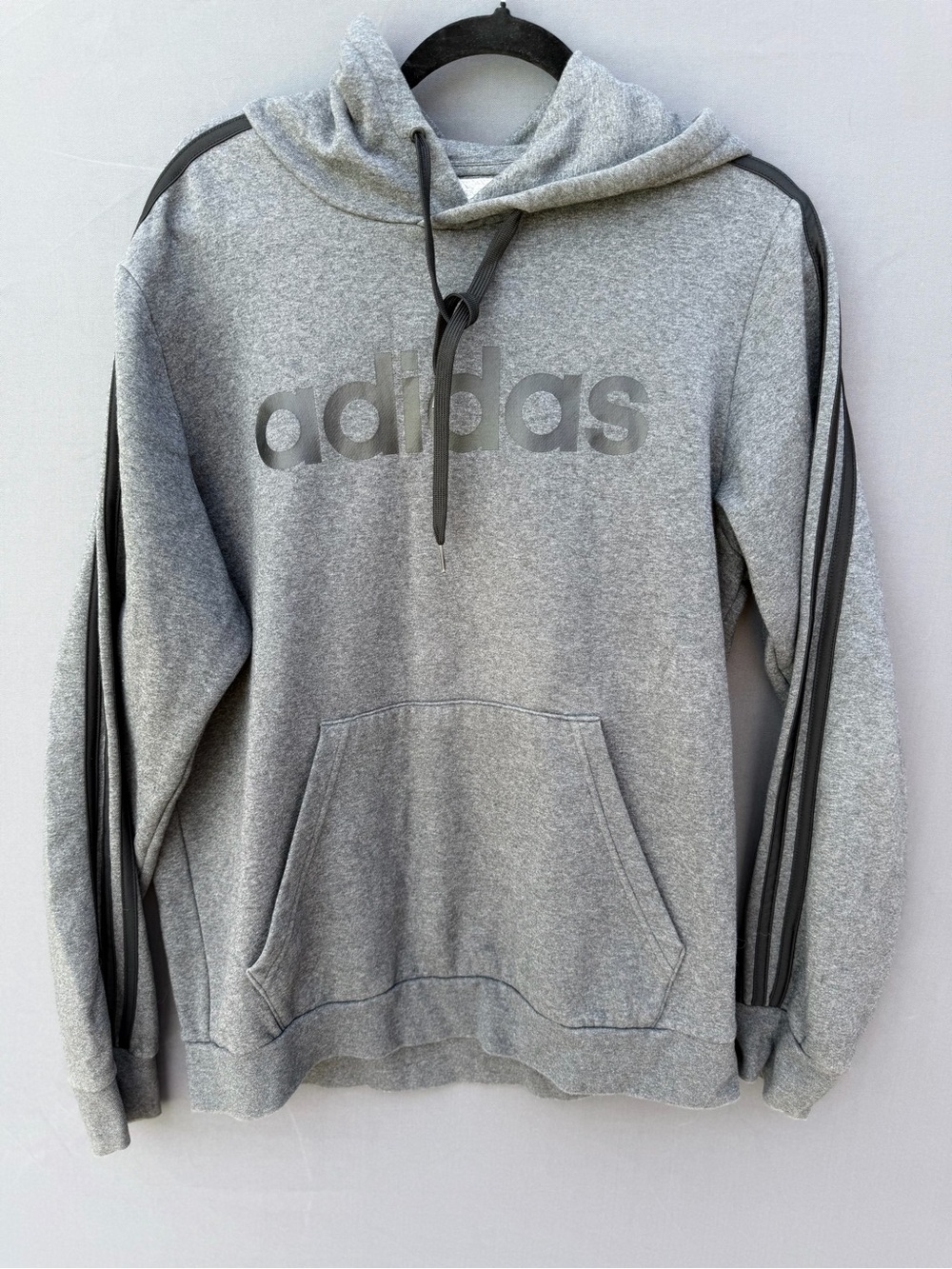 adidas Gray Pullover Hoodie with Black 3-Stripe Detail – Men’s L